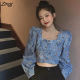 Blouses Women Puff Sleeve Autumn All-match Square Collar Floral French Retro Elegant BF Style Casual Female Blusas