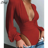 Black Deep V Neck Bodysuit Women Sexy Puff Sleeve Bodycon Jumpsuit Solid Elastic Casual Party Winter Bodysuits Body