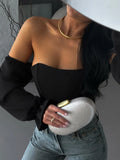 Sexy Hottie Body Fish Bone Bra Splicing Bubble Sleeve Niche Design Long-Sleeved