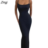 Women’s Summer Suspender Bodycon Slim Fit Long Dress Fashion Solid Color Spaghetti Strap Party Tight