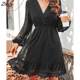 Clip Dot Lace Mini Dress For Women Sexy V-Neck Long Sleeve A-line Party Dress 2023 Spring Autumn Female Pullovers