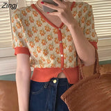 Women Floral Knitting V-neck Vintage All-match Short Female Clothing Thin Single Breasted Crop Sweater Elegant