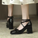 Jane Coarse Heels Spring 2025 New Single-Shoe Women's One-字 Buttoning Square Head French Retro High