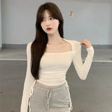 Zingj Square Collar Bottom Shirt Female Design Sense Niche 2023 Autumn Outfit With Long-Sleeved T-Shirt Slim Draw Rope Top