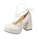 Pearl Fairy Wind Bow Thick-Soled Waterproof Table Mary Jane High Heel Women's Coarse Heel Single Shoes Bridesmaid