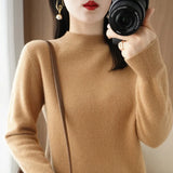 Zingj 2024 Autumn / Winter New Women's Korean Version Slim Half High Collar Short Solid Color Bottom Sweater-Outfit