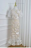 High-End Elegant Heavy Industry Flower Embroidery Round Collar Lantern Sleeves To Close The Waist Slim Slimmed Fishtail Dress