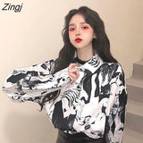 Shirts Women Long Sleeve Print Ulzzang Cat Turn-down Collar Students Designed Womens Korean Style with Buttons