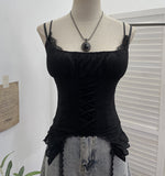 Outside Wearing Hottie Fake Two Splicing Lace Slings Vest Short Sleeveless Top
