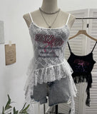 Real Shooting 2025 Summer New Women's Fashionable Lace Letter Print Sling Vest Ribbon Ribbon Ribbon Sleeveless Top