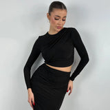 Women's Clothing 2025 Autumn And Winter 2025 New Round-Neck Long Sleeves Open-Umbilly Top Dress Two-Piece