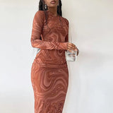 Women's Clothing 2025 Autumn New Long-Sleeved Dress Printed Round Collar Body Medium Long Dress Dress