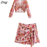 Women Totem Floral Print Hot Bermuda Shorts Ladies Chic Side Zipper Bow Tied Casual Shorts Skirts Pantalone Cortos