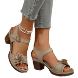 Slope And Thick-Soled Sandals Women's Shoes Coarse Heel Large-Size Flower Decoration A Word With Lattice High