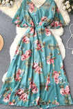 Women Floral Dress Vintage Red/Blue/Pink/White Sexy V-Neck Short Flare Sleeve High Waist Elegant A-Line Vestidos 2023