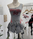 Shooting Retro Jersey Vest Letter Print Oblique Shoulder Hottie Wearing Lotus Edge Ribbon Ribbon Short Top