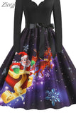 Women Dress Long Sleeve Elegant Vinatge Christmas Party Sundress Winter V Neck New Year Costume Clothing