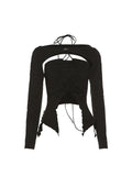 Women T-Shirt Korean Girl Y2k Summer 90s Gothic Black Fashion Vintage Sexy Camisole Two Piece Set Long Sleeve Top Funny T