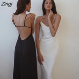 Women Sexy Satin Backless Solid Color Long Dress Stylish Sleeveless V-neck Spaghetti Strap Party Dress