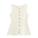 New Women's Uniform Pure Color Round Collar Single Buckle Sleeveless Simple Knitted Vest