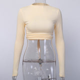 Backless Tshirt Crop Tops Women Slim Elastic Fashion Lace up Hollow Out Women Cropped Top Summer Long Sleeve
