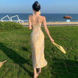 Zingj V-Neck Sling Floral Dress Summer French Seaside Vacation Long