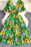 Bohemian Women Floral Printed Midi Dress Elegant V-Neck Short Sleeve High Waist Draped Slim Big Swing Vestidos Female