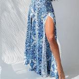 New Fashion Print Sling V-Neck Open Fork Sexy Dress