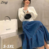 Women Baggy High Waist Solid Popular A-Line Leisure Denim Birthday Party Mujer All-match Streetwear Students Midi