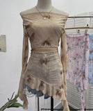 Purely Want A Word Shoulder Ink Print Tie-Dye Mesh Long-Sleeved Shirt Irregular Lotus Leaf Side Top