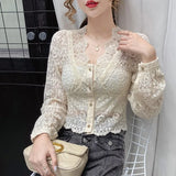 Sexy V-Neck Hollow Lace Blouse Women Long Sleeve Apricot Shirt Slim Short Women Tops Clothing Blusas Mujer De Moda