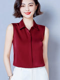 Summer Satin Blouse for Women Polo-Neck Sleeveless Vest Chiffon Shirts OL Womens Tops and Blouses Solid Fashion Ladies