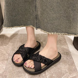 Wind Slippers Women's Summer Wear Net Red Folds Cross-Belt 2025 New Flat-Bottomed French Cool