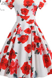 Floral Print Elegant A-line Party Dress Women Slim White Short Sleeve Swing Pin up Vintage Dresses Robe