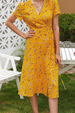 Women Summer V Neck Casual Beach Dress 2023 Elegant A Line Floral Print Midi Short Sleeve Split Party Holiday Dress Robe