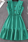 Women Summer Fashion Solid V Neck Ruffles Sleeve Elegant Party Dresses Vintage Beach Sundress Streetwear