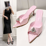Summer New Pointed Toe Water Drill High Heel Sandals Thin Heel Color High Heel Half-Dragging