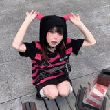 Style T Shirt Summer Goth Striped Graphic Tee Y2k 2000s Egirl Grunge Punk Black Devil Ears Hoodie Women Gothic Alt