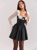 Black Lace Flare Long Sleeve Mini Dress- Outfit