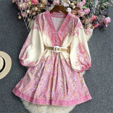 And Summer New French Retro Holiday Style V Neck Lantern Sleeves To Collect Long Print Small