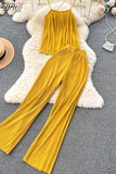 Women Pleated Set Sexy Spaghetti Strap Camis Tops + High Waist Wide Leg Loose Pants Casual Red/Yellow/Brown Suits