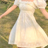Dresses Women Floral Ruffles Square Collar Puff Sleeves High Waist Summer Casual Mini Korean Style Ulzzang Soft Daisy