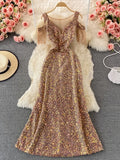 Sequins Party Maxi Dress For Women Sexy V-Neck Short Sleeve High Waist Tassel Long Robe Female Elegant