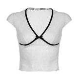 Zingj Pure Desire Lace Bow Splicing Color T-Shirt V Collar Slim Micro Revealed Umbilical