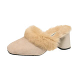 Autumn And Winter Hairy Coarse Slippers Bao Head Female Version Of Temperament Pedaled High-Heeled Shoes 43 Large