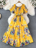 Women Floral Chiffon Dress Vacation Beach Vestidos Female Elegant Slash Neck High Waist A-Line Midi Robe Bohemian