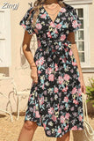 Floral Print Midi Dress Women Robe Elegant Chic Short Sleeve V Neck Casual Beach Dress With
