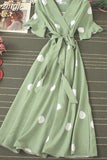 Polka Dot Midi Dress Summer 2023 Sexy V-neck Flare Sleeve Casual Vestidos Verano Elegant Blue/White Sashes Dresses