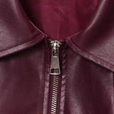 New Vintage Simple Collar Zipper Wine Red Leather Coat