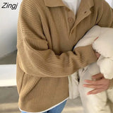 Solid Knit Pullovers Women Loose BF Simple Unisex Turn-down Collar Streetwear All-match Vintage Leisure Sweaters Chic